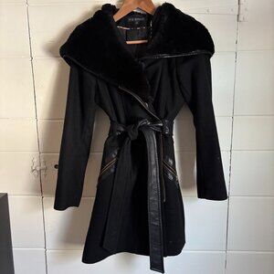 Faux Leather & Wool Blend Coat with Faux Fur Collar